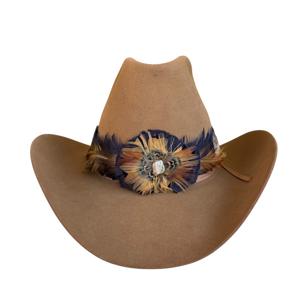 Resistol XXX Beaver Felt Cowboy Hat Tan Carol Pace Feather Band Size 7 1/4